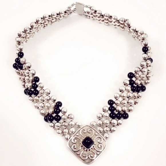 Vintage Taxco Signed Sterling Silver Onyx Beaded Choker Necklace - Picture 2 of 8